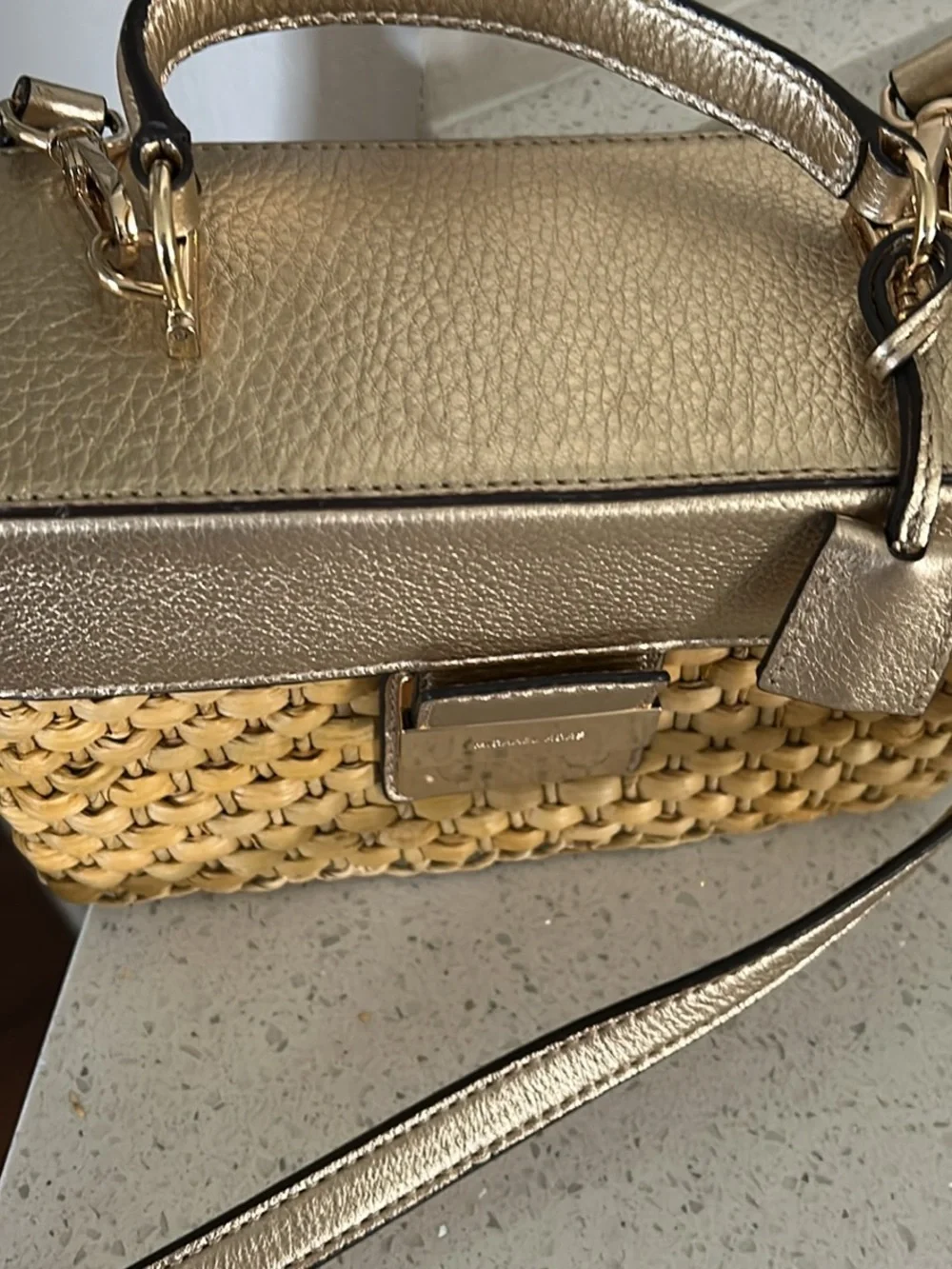 Michael Kors Woven Straw Crossbody Bag with Gold Hardware - Beige
